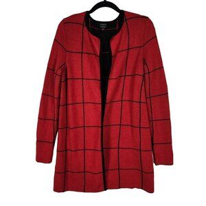 Talbots Pure Merino Wool Open Front Long Line Cardigan Sweater Red Windowpane Sm